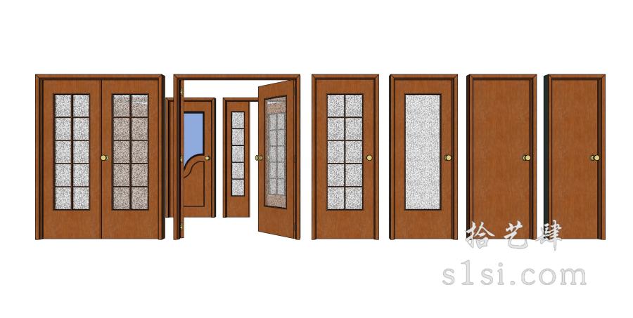 木门全套模型 入户门 卧室门 浴室门 玻璃门 双开门 单开门 厨房门 打开的门 木门-拾艺肆